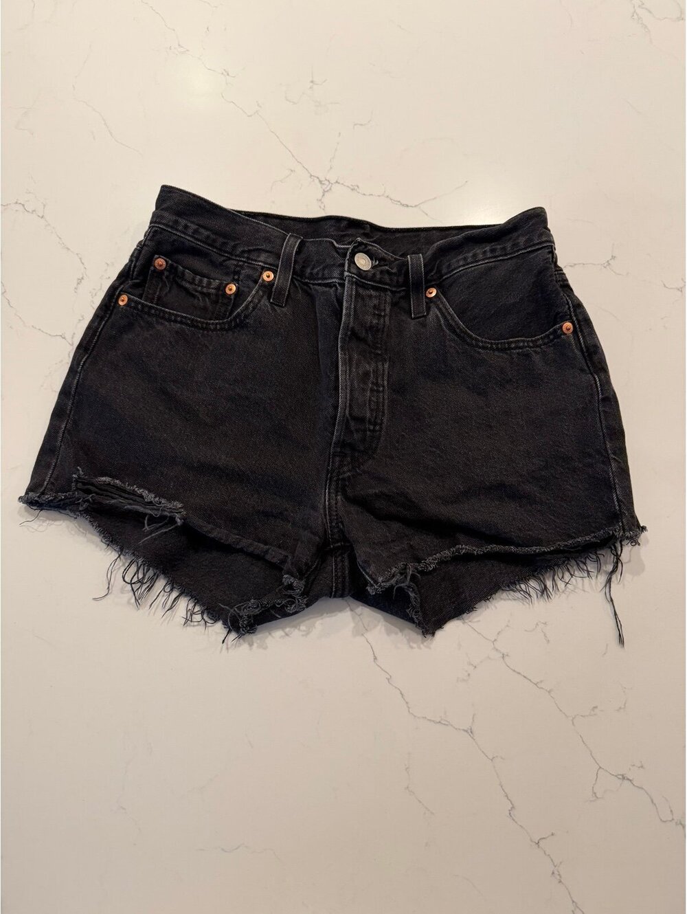 Levis 501 High Rise Cutoff Denim Shorts Washed Black Size 28
